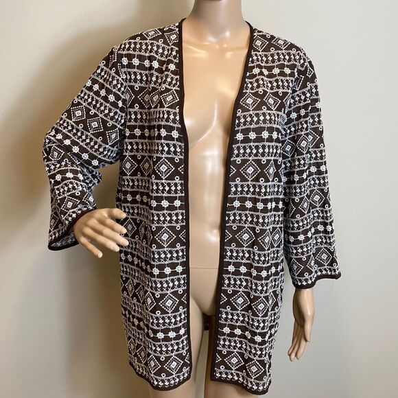 Chico’s 3/4 sleeves open front embroidered cardigan sweater size L - Picture 1 of 7